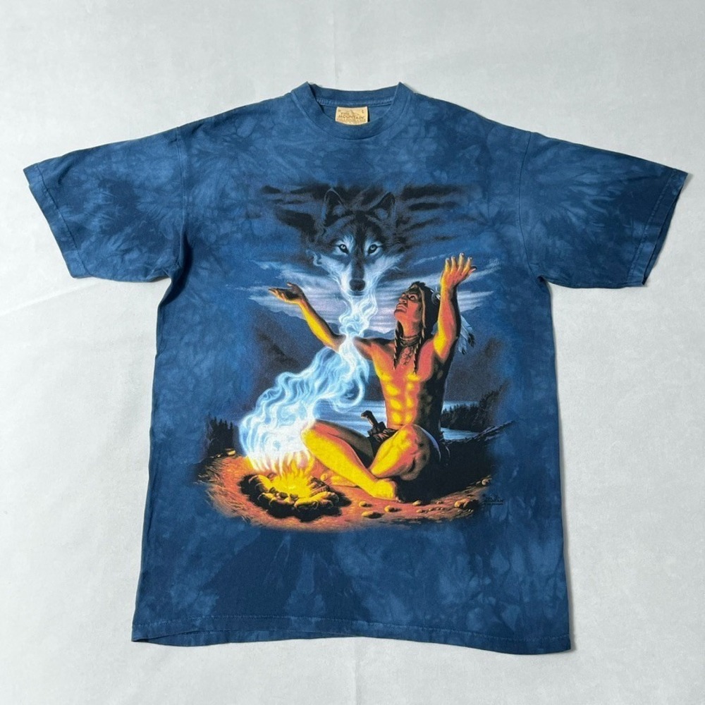 Vintage The Mountain Wolf T Shirt Men Large Blue Native American Wolf Spirit Y2K